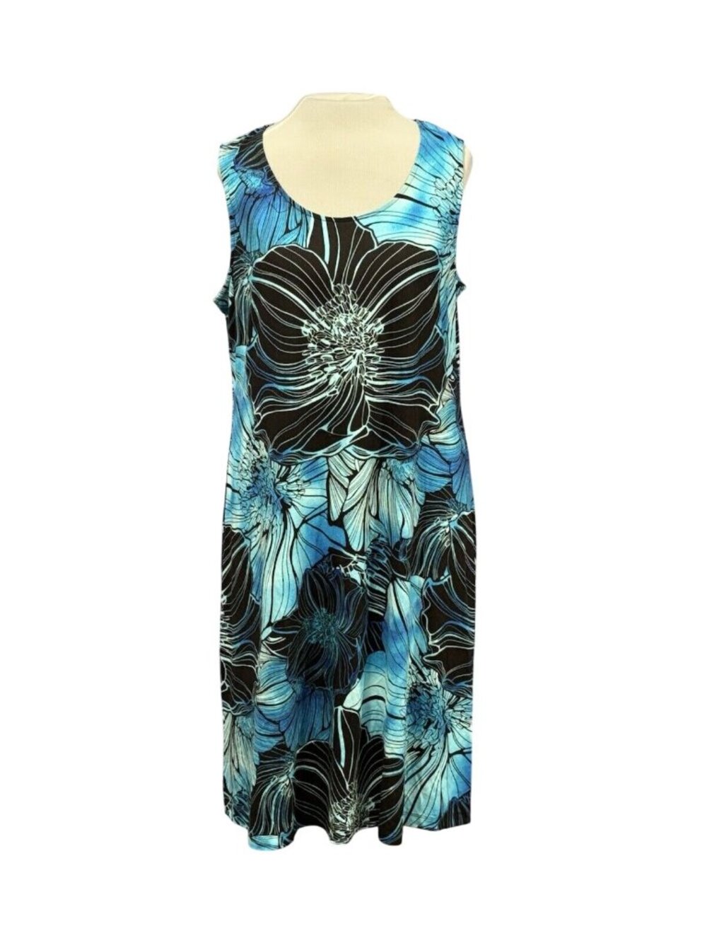 Chicos Blue & Black Floral Sleeveless A-Line Dress Size 2 Rayon Blend Made In In